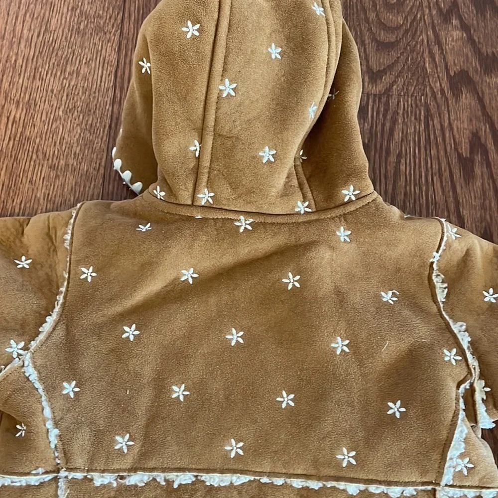 BABY GAP girls faux suede sherpa embroidery hooded coat boho camel brown 12-18M